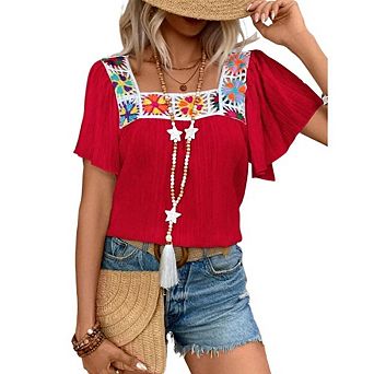 Women’s Boho Floral Embroidered Crochet Square Neck Blouse Ruffle Short Flutter Butterfly Sleeves