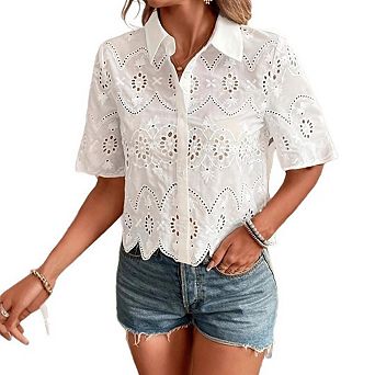 Women's Short Sleeve Button Down Collared Blouses Embroidery Eyelet Top