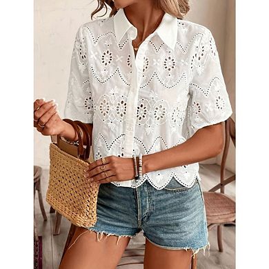 Women's Short Sleeve Button Down Collared Blouses Embroidery Eyelet Top