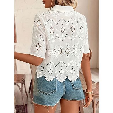 Women's Short Sleeve Button Down Collared Blouses Embroidery Eyelet Top