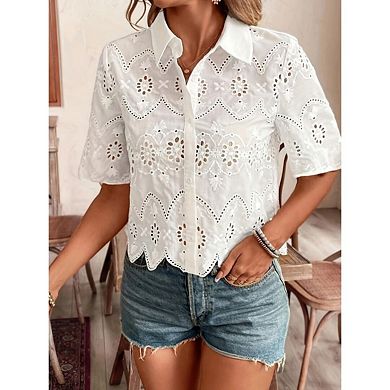 Women's Short Sleeve Button Down Collared Blouses Embroidery Eyelet Top