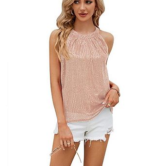 Women's Sleeveless Sparkly Shiny Tank Tops Ruched Flowy Sparkly Club Outfits Party Shirt
