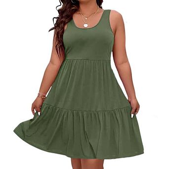Women's Plus Size Pleated Knee Length Ruffle Hem Smocked Tiered Midi Tank Dress Comfy Sundress
