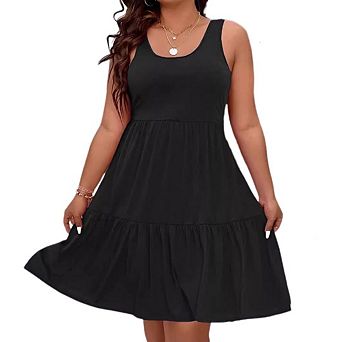 Women's Plus Size Pleated Knee Length Ruffle Hem Smocked Tiered Midi Tank Dress Comfy Sundress