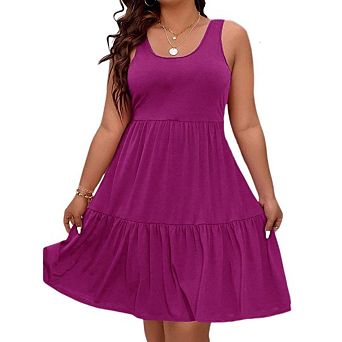 Women's Plus Size Pleated Knee Length Ruffle Hem Smocked Tiered Midi Tank Dress Comfy Sundress