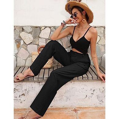 Women's Casual Wide Leg Pants High Waisted Button Down Straight Long Trousers Pants