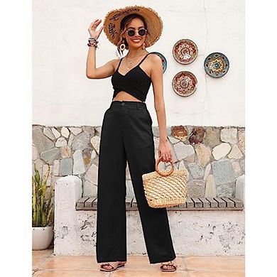 Women's Casual Wide Leg Pants High Waisted Button Down Straight Long Trousers Pants