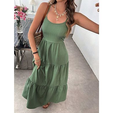 Women's Boho Maxi Dress Spaghetti Strap Ruffle Flowy Dresses Summer Beach Vacation Sundress