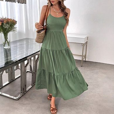 Women's Boho Maxi Dress Spaghetti Strap Ruffle Flowy Dresses Summer Beach Vacation Sundress