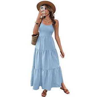 Women's Boho Maxi Dress Spaghetti Strap Ruffle Flowy Dresses Summer Beach Vacation Sundress