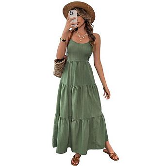 Women's Boho Maxi Dress Spaghetti Strap Ruffle Flowy Dresses Summer Beach Vacation Sundress