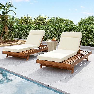 Merax Outdoor Lounge Chaise Set with Headrest, Acacia Wood Frame, Water-Resistant Cushion