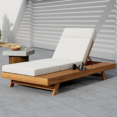 Merax Outdoor Lounge Chaise Set with Headrest, Acacia Wood Frame, Water-Resistant Cushion