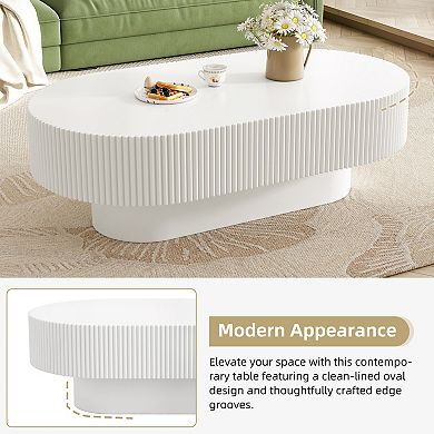 Merax 43.3" Oval Coffee Table, Modern Cream Fluted Drum Table with 6.8" Thick Top & Sturdy Base