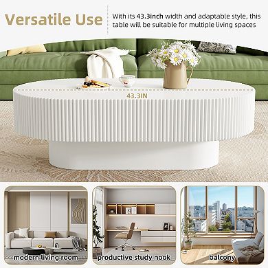 Merax 43.3" Oval Coffee Table, Modern Cream Fluted Drum Table with 6.8" Thick Top & Sturdy Base