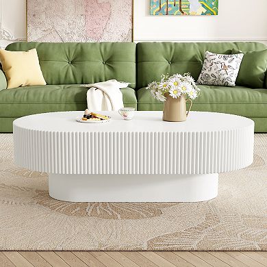Merax 43.3" Oval Coffee Table, Modern Cream Fluted Drum Table with 6.8" Thick Top & Sturdy Base