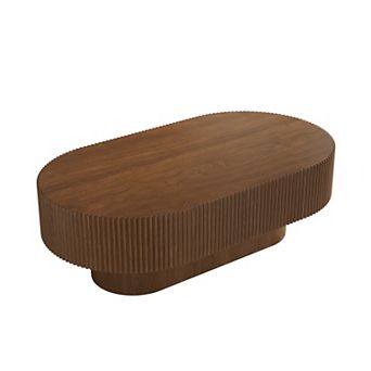 Merax 43.3" Oval Coffee Table, Modern Cream Fluted Drum Table with 6.8" Thick Top & Sturdy Base