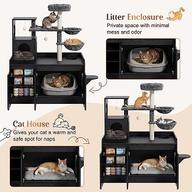 50.6" Cat Tree with Litter Box Enclosure, All-in-One Modern Cat Tower with Sisal Scratching Post