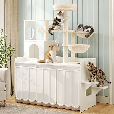 50.6" Cat Tree with Litter Box Enclosure, All-in-One Modern Cat Tower with Sisal Scratching Post