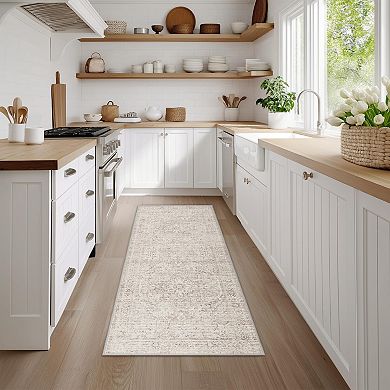 Beige Vintage Washable Non Slip Low Pile Medallion Area Rug for Entryway Kitchen Bedroom