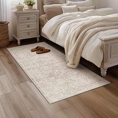 Beige Vintage Washable Non Slip Low Pile Medallion Area Rug for Entryway Kitchen Bedroom