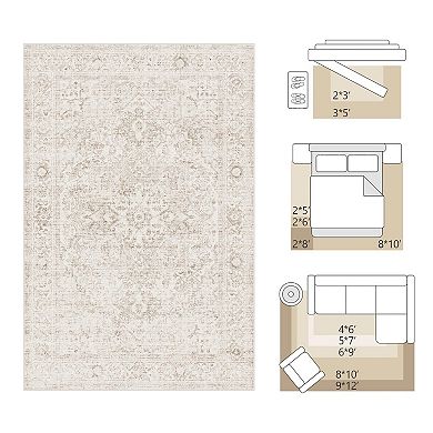 Beige Vintage Washable Non Slip Low Pile Medallion Area Rug for Entryway Kitchen Bedroom