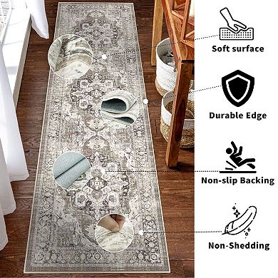2x10 Runner Rug Washable Non Slip Soft Low Pile Farmhouse Neutral Tone