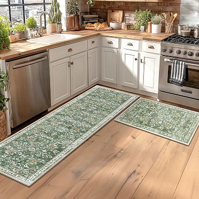 Boho Floral Washable Runner Rug Non Slip Low Pile Distressed Carpet For Home