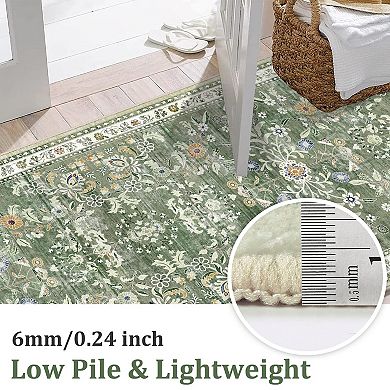 Boho Floral Washable Runner Rug Non Slip Low Pile Distressed Carpet For Home