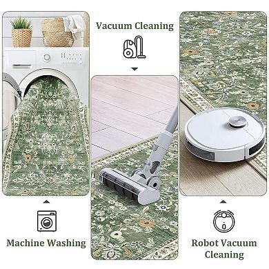 Boho Floral Washable Runner Rug Non Slip Low Pile Distressed Carpet For Home