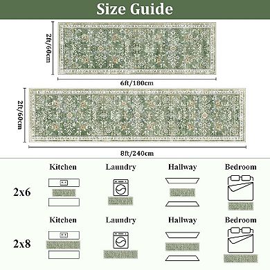 Boho Floral Washable Runner Rug Non Slip Low Pile Distressed Carpet For Home