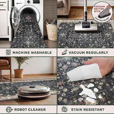 Black Boho Non Slip Pet Friendly Washable Low Pile Boho Runner Rug