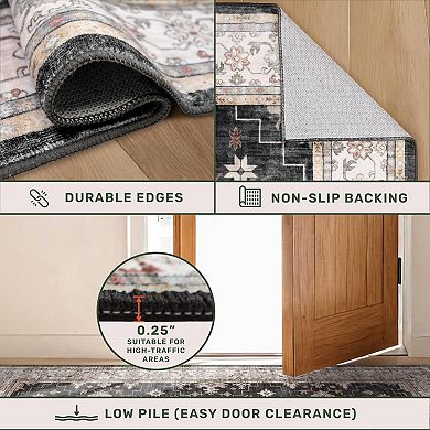 Black Boho Non Slip Pet Friendly Washable Low Pile Boho Runner Rug