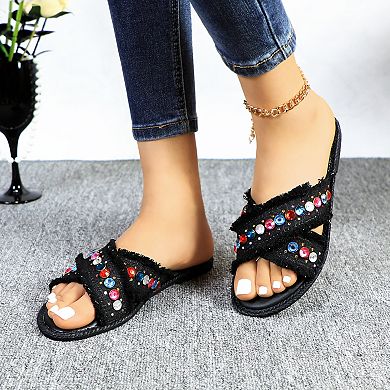 CASEY-2 Fringe Rhinestone Crisscross Slide Sandals for Women