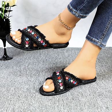 CASEY-2 Fringe Rhinestone Crisscross Slide Sandals for Women