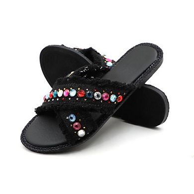 CASEY-2 Fringe Rhinestone Crisscross Slide Sandals for Women