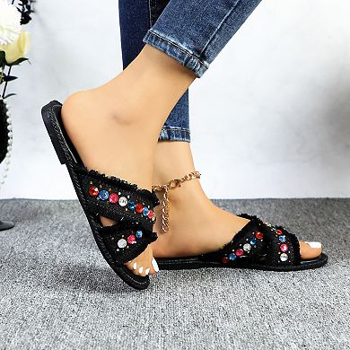 CASEY-2 Fringe Rhinestone Crisscross Slide Sandals for Women