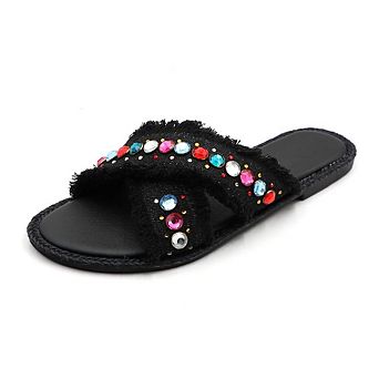 CASEY-2 Fringe Rhinestone Crisscross Slide Sandals for Women