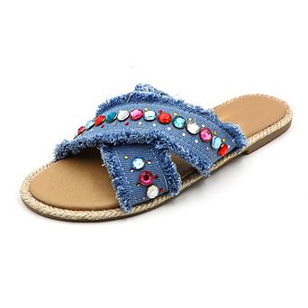 CASEY-2 Fringe Rhinestone Crisscross Slide Sandals for Women