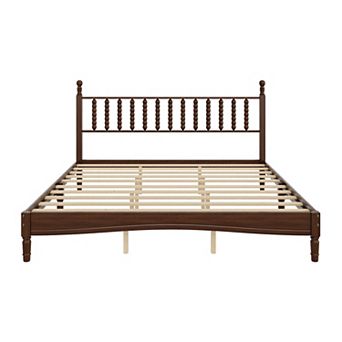 Pnronnc Wood Platform Bed with Gourd Shaped Headboard Wooden Slat Support