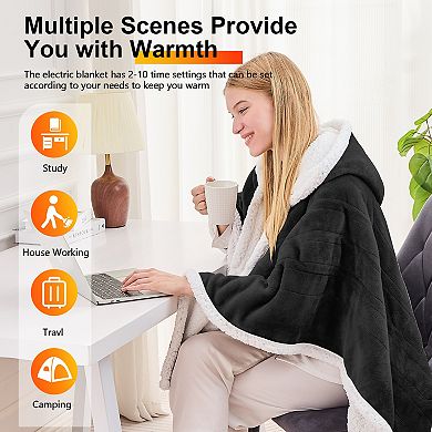Inhand Wearable Heated Throw Blanket 50"x60", Flannel Electric Wrap Poncho Shawl with Pockets