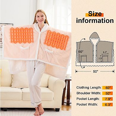 Inhand Wearable Heated Throw Blanket 50"x60", Flannel Electric Wrap Poncho Shawl with Pockets