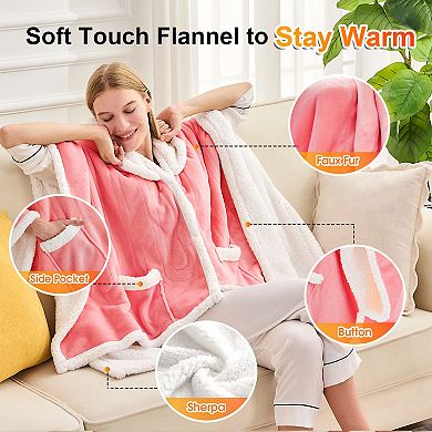 Inhand Wearable Heated Throw Blanket 50"x60", Flannel Electric Wrap Poncho Shawl with Pockets