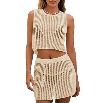 Women's 2 pc Crochet Cover Up Set Sleeveless Crop Top and Drawstring Skirt