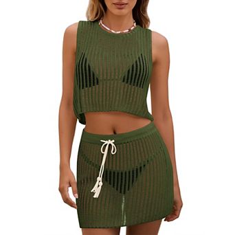 Women's 2 pc Crochet Cover Up Set Sleeveless Crop Top and Drawstring Skirt