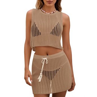 Women's 2 pc Crochet Cover Up Set Sleeveless Crop Top and Drawstring Skirt