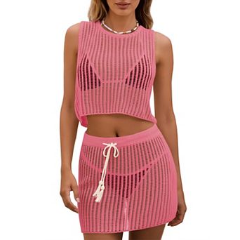 Women's 2 pc Crochet Cover Up Set Sleeveless Crop Top and Drawstring Skirt