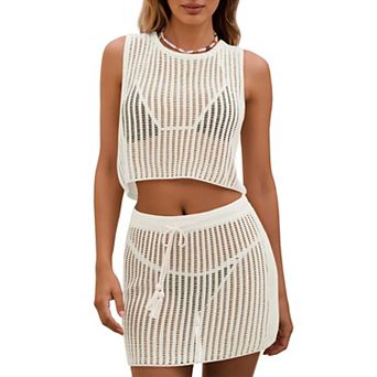 Women's 2 pc Crochet Cover Up Set Sleeveless Crop Top and Drawstring Skirt