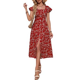 Women's Ditsy Floral Midi Dress - Square Neck Cap Sleeve Front Slit A Line Dress
