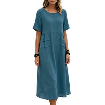 Women's Casual Midi Dress, Short Sleeve Crew Neck Flowy A-Line Dress for Summer